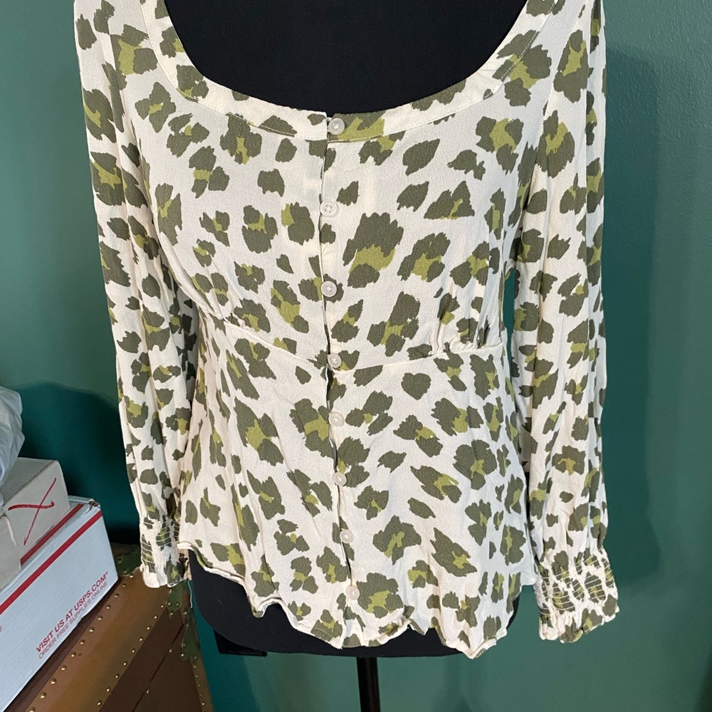 Green and White Button-Up Women's Blouse